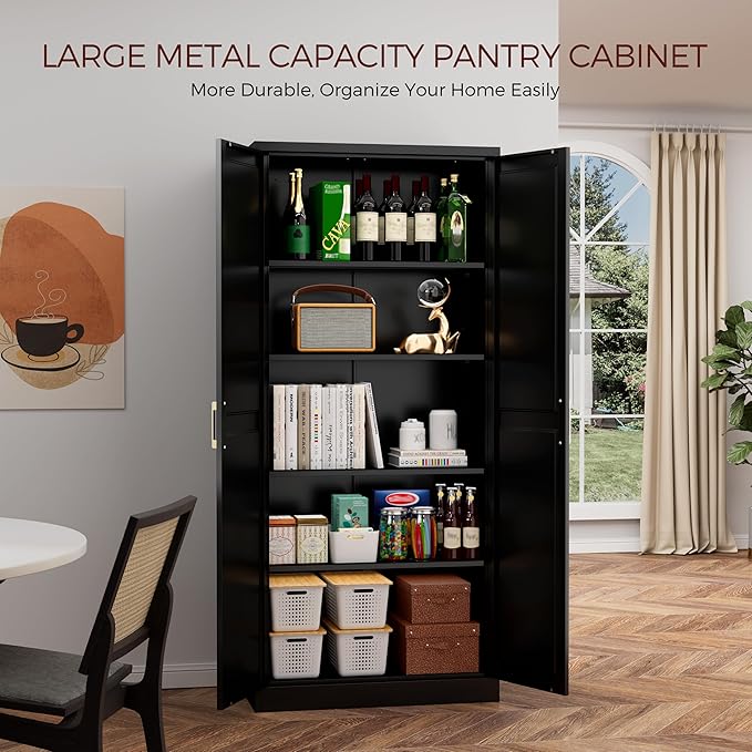 71" Tall Metal Pantry Cabinet, Black Kitchen Pantry Storage Cabinet with 4 Adjustable Shelves and Gold Handles, Cupboard for Kitchen, Dining Room, Living Room, Bathroom-Ruum Studio Home