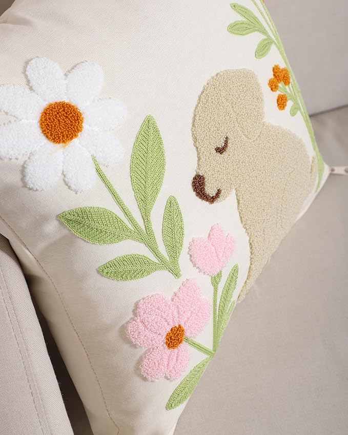 katre home madame & textile Embroidered Dog Pillow Cover – 18x18 inch Handmade Punch Needle Cushion – Boho Cotton Throw Pillow for Couch, Bed, or Gift for Dog Lovers-Ruum Studio Home