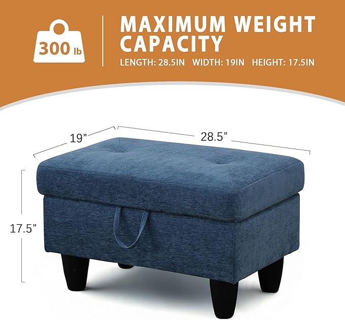 Ottoman Rectangular Storage Ottoman Bench, Flannel Footrest Stool Footstool with Lid for Living Room, Bedroom, Entryway, Blue, 28.5"x19"x17.5"-Ruum Studio Home