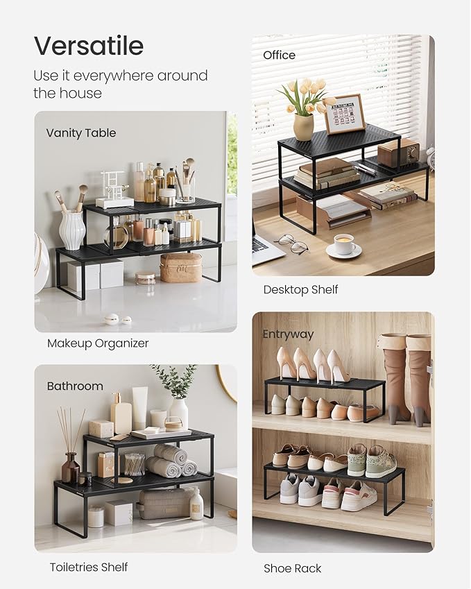 SONGMICS Spice Racks, Set of 2 Expandable Kitchen Countertop Shelves, Small Cupboard Organizers, Metal, Space-Saving Tabletop Shelves, Matte Black UKCS402B01-Ruum Studio Home