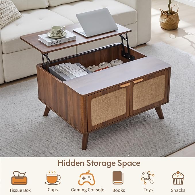 AVZEAR Lift Top Coffee Table with Storage, Mid Century Modern Coffee Table with Nature Linen Doors & Large Hidden Storage, Rounded Corners Center Table Farmhouse Coffee Tables for Living Room, Walnut-Ruum Studio Home