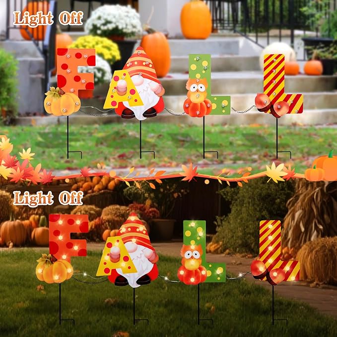 WONDER GARDEN Fall Yard Stakes Yard Signs, 4 Pack Metal Thanksgiving Lighted Garden Stakes, Gnome Sign with LED Lights for Harvest,Outdoor, Lawn,Farmhouse Decorations-Ruum Studio Home