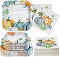 Grencian 200Pcs Fall Plates and Napkins Square Blue Pumpkins Plate Thanksgiving Paper Plates Pumpkin Wood Grain Dinnerware for Baby Shower Fall Harvest Family Thanksgiving Party Decorations, Serves 50-Ruum Studio Home