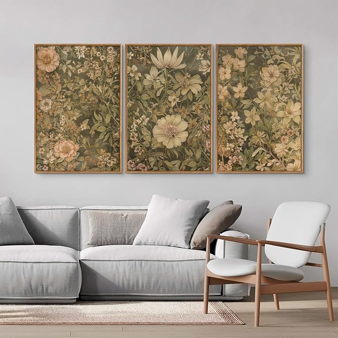 SIGNINART Vintage Floral Framed Canvas Wall Art Set of 3, Mid Century Modern Flowers Wall Decor, Neutral Botanical Artwork, Retro Wildflower Art Prints for Bedroom, Living Room, Office 24"x36"x3-Ruum Studio Home