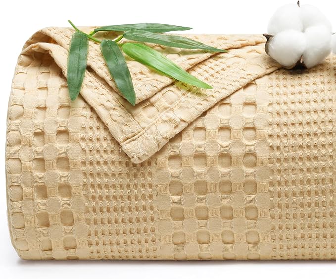 PHF Cooling Waffle Blanket Twin Size, Lightweight 60% Rayon Derived from Bamboo & 40% Cotton Breathable Blanket for Hot Sleepers, Soft and Luxury for Bed Couch and Sofa, 66"x90", Beige-Ruum Studio Home