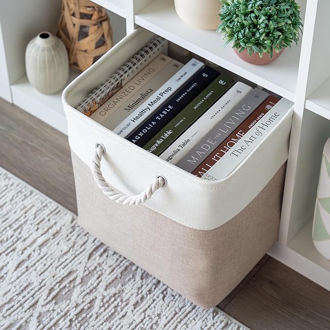 OrganiHaus 13x13 Cube Storage Bins 4 Pack, Foldable Cube Storage Organizer w/ Rope Handles, Collapsible Fabric Bins for Toys, Clothes & Closet Organization, Fabric Square Baskets - Beige/White-Ruum Studio Home