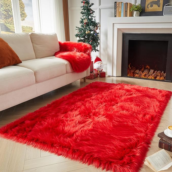 AMTOVO Faux Fur Sheepskin Rug for Living Room, 4 x 6 ft Red Fluffy Area Rug for Bedroom, Playroom, Luxury Room Decor, Rectangle-Ruum Studio Home