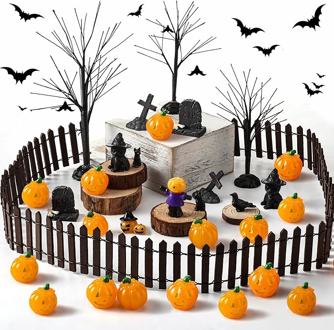 Wesiti 30 Pcs Halloween Village Accessories Set Miniature Halloween Figurines Village Trees Cat Pumpkin Tombstones Figurine Horror Miniature Accessories for Garden Decor-Ruum Studio Home