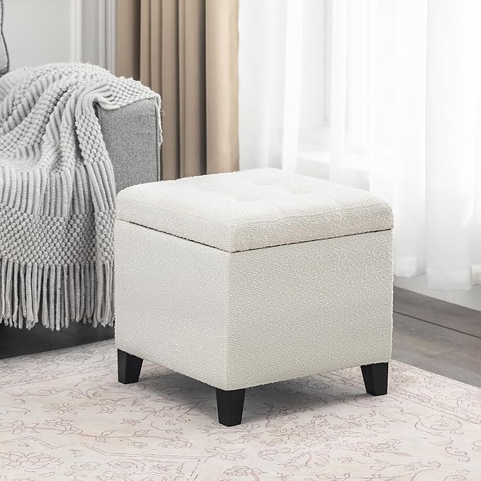 Adeco 18 Inch High Cube Ottoman Storage, Linen Chair Foot Stools, Upholstered Vanity Stool with Hinged Lid, Solid Wood Legs (White Circle Yarn)-Ruum Studio Home
