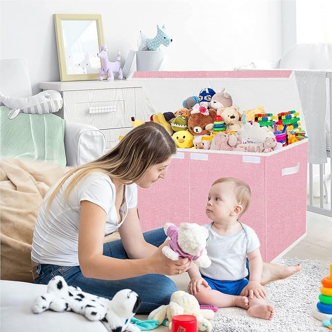 Toy Storage Box for Girls, Large Kids Toy Chest Boxes Organizers and Storage with Lids & Handles for Nursery,Playroom 24.5"x13"x16"(Pink)-Ruum Studio Home