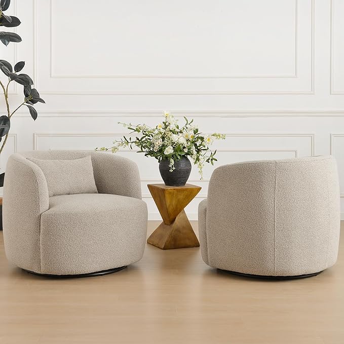 KINWELL 34" Wide Sherpa Swivel Barrel Chairs Set of 2, No Assembly Round Boucle Upholstered Accent Chairs Armchairs Single Sofa Chair with Toss Pillow for Living Room and Bedroom, Taupe-Ruum Studio Home