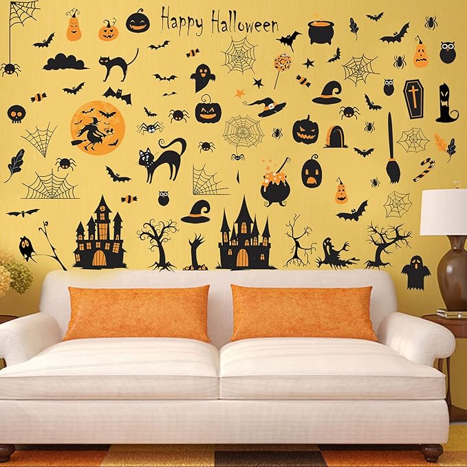 84 PCS Window Clings - Halloween Wall Stickers for Living Room, Pumpkins, Castles, Bats, Cats, Vampire, Witch Stickers, Household Decorative Murals, Party Supplies-Ruum Studio Home