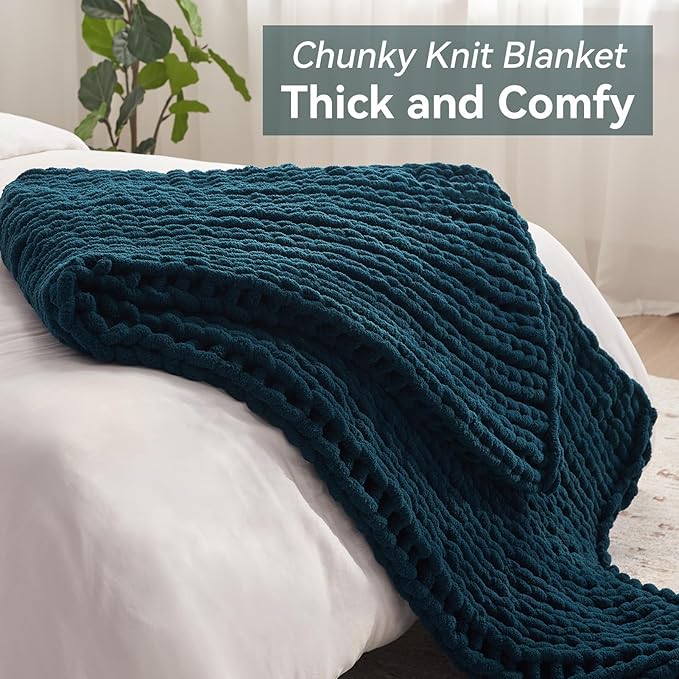 Chunky Knit Throw Blanket, 30''*40'' Knitted Throw Chenille Yarn for Bed Couch, Handmade Peacock Blue Crochet Big Thick Blanket, Machine Washable Cute Comfy Blanket for Home Decor-Ruum Studio Home