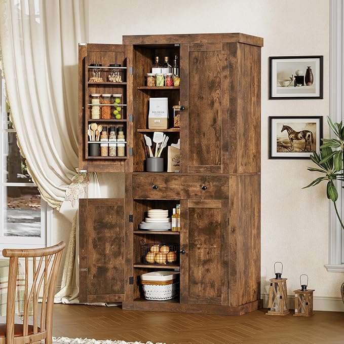 usikey 72” Kitchen Pantry Cabinet, Tall Storage Cabinet with 4 Doors and 1 Drawer, Freestanding Cupboard with 6 Hanging Shelves and Adjustable Shelves for Kitchen, Living Room, Rustic Brown-Ruum Studio Home