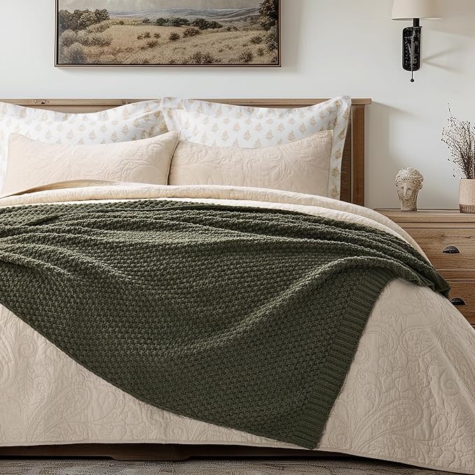 Chunky Chenille Knit Throw Blanket for Couch, Soft Luxurious Moss Stitch Blankets for Bed, Cozy Decorative Farmhouse Knitted Throws for Sofa, Olive Green, 50" x 60"-Ruum Studio Home