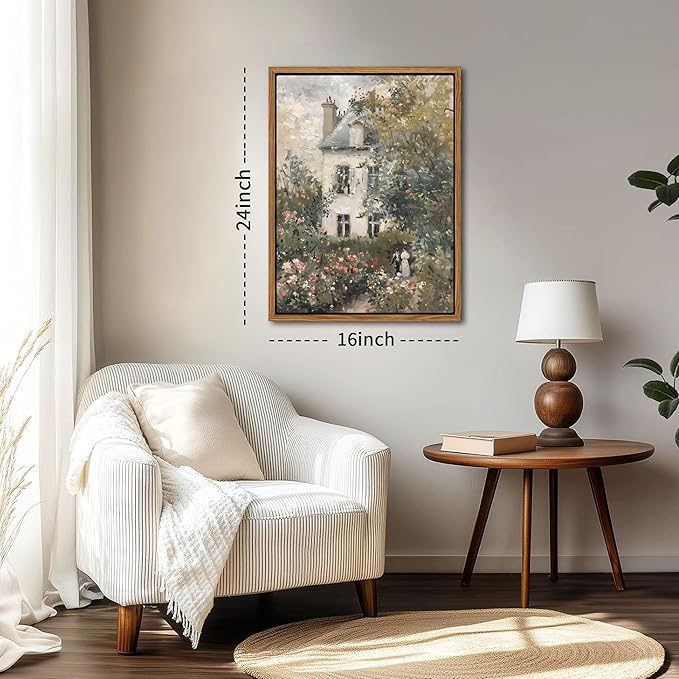 Floating Framed Canvas Vintage Wall Art, Neutral English Cottage Rose Garden Oil Paintings Print, Spring Pictures Wall Decor for Living Room Hallway Bedroom Office Rustic Decor 16x24 inch-Ruum Studio Home