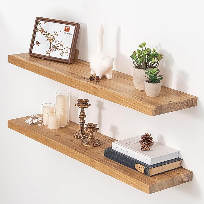 Fun Memories Floating Shelves for Wall, 36"x9.3" Rustic Solid Elm Wood Shelves, Heavy-Duty Wall Mounted Shelf with Invisible Brackets, Set of 2 for Living Room, Bedroom, Kitchen, Natural Finish-Ruum Studio Home
