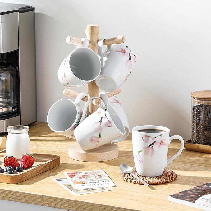 VEWEET Coffee Mugs Set of 6, 11 OZ Coffee Cups Set with Handle, Floral Mug Sets Ceramic Cup Set for Kitchen, Microwave & Dishwasher Safe, Series ANNIE-Ruum Studio Home