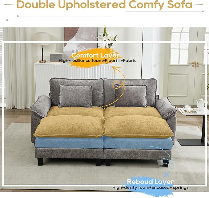 URRED Modular Sectional Sofa Comfy Cloud Couch, Modern Chenille Sofa Sleeper Deep Seat Couches with Ottoman/Pillows for Living Room (Gray, 82.6''- 2 Ottomans)-Ruum Studio Home