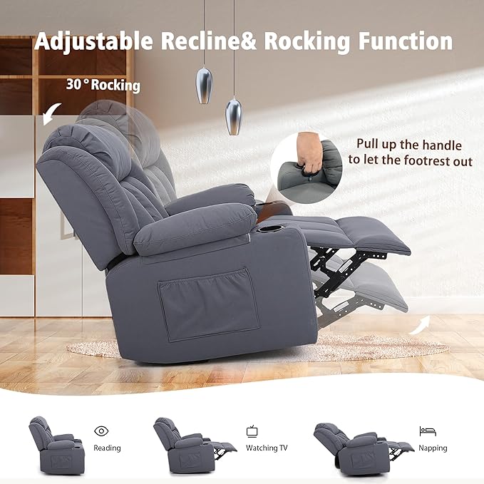Rocker Swivel Recliner Chair for Adults, Overstuffed Large Manual Recliner Glider with Massage and Heat, Comfy Soft Fabric Living Room Reclining Sofa Chair(Technical Grey)-Ruum Studio Home
