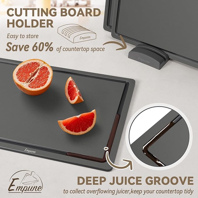 Empune Plastic Cutting Board Set, Recycled Plastic Cutting Boards for Kitchen (Set of 3), Dishwasher Safe Large Chopping Board with Holder, Non-slip Feet and Juice Grooves, Nonporous, Grey-Ruum Studio Home