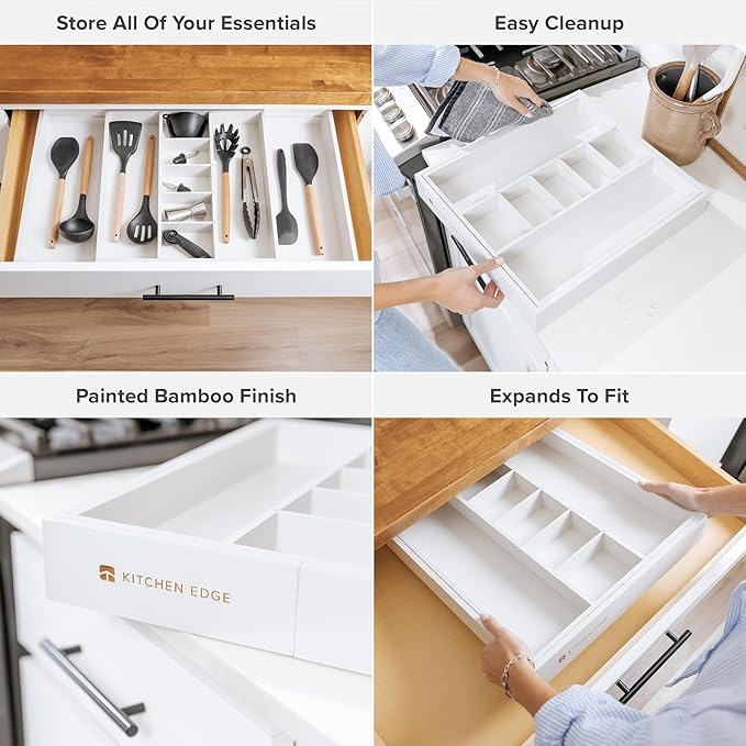 Adjustable Kitchen Drawer Organizer for Utensils and Junk, Food-Safe Contract Grade with 100% Sustainable Wood, Expandable from 16 to 28 Inches Wide - White Bamboo-Ruum Studio Home