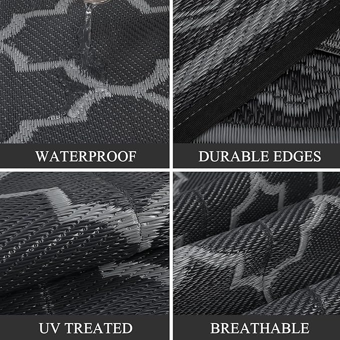 GAOMON Reversible Outdoor Rug 9'x18' Waterproof Plastic Straw Rug, Patio Rug, Large Modern Area Rug Carpet, Indoor Outdoor Rugs for Camping, Porch, Deck, Balcony, Backyard, Black/Grey(Geometric)-Ruum Studio Home