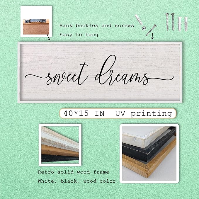 LuZhiQiang Sweet Dreams Wall Decor Sign 40"X15" Master Bedroom Over Bed Wall Wood Framed Art (White)-Ruum Studio Home