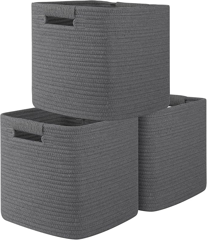 OIAHOMY Storage Cubes 11 Inch Storage Bins-3 Pack, Cotton Rope Woven Baskets for Organizing, Square Baskets for Shelves Organizer, Classroom, Toy Basket, DarK Grey-Ruum Studio Home