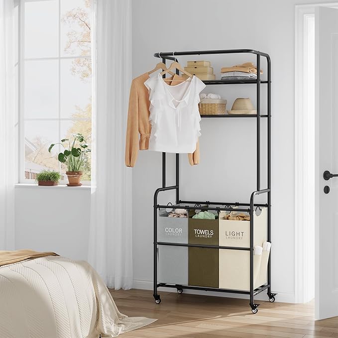 Laundry Sorter 3 Section,Laundry Hamper Cart with Hanging Rack & Removable Bags,Heavy Duty Laundry Basket Organizer with Wheels & 2 Tier Shelf,3 Colors-Ruum Studio Home