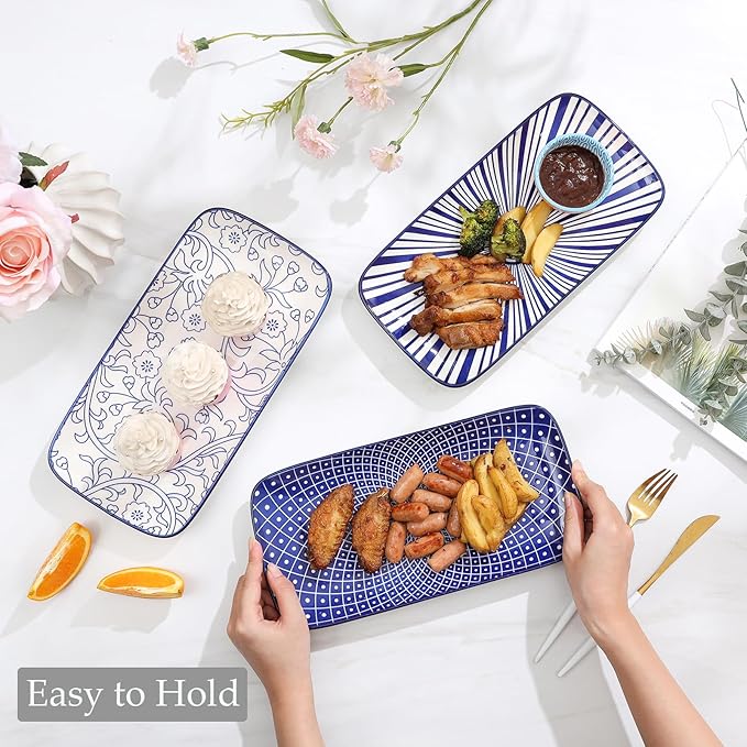 Selamica Ceramic Rectangular Serving Platters Set of 4, 12 Inch Serving Trays/Dishes for Party Entertaining, Rectangular Dinner Plates for Appetizer Salad Dessert Sushi, Vintage Blue-Ruum Studio Home