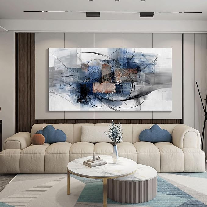 Mofutinpo Canvas Wall Art for Living Room, Bedroom, Office - Large Wall Art Decor - Abstract Wall Art - Modern Black and White Paintings,Blue and Grey Wall Decor, Artwork and Pictures for Wall 24×48-Ruum Studio Home