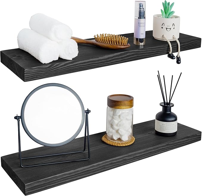 BGMG Wood Floating Shelves for Wall 30 inch Set of 2,Black Floating Shelves,Solid Wood Wall Mount Shelves for Bathroom Living Room Bedroom Kitchen Farmhouse -30x 6.7 x1.25 inch-Ruum Studio Home