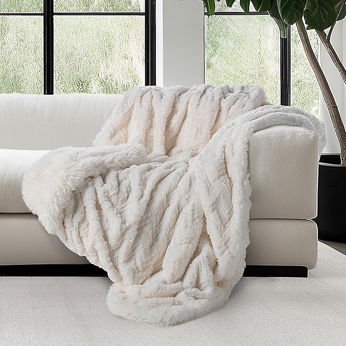 Mon Chateau Premium Reversible Queen Size Luxury Faux Fur Throw for Couch, Sofa, or Queen Size Bed - Plush Cozy Soft Blanket for Sleeping or Home Décor, 60" x 70" (Ivory Jacquard)-Ruum Studio Home