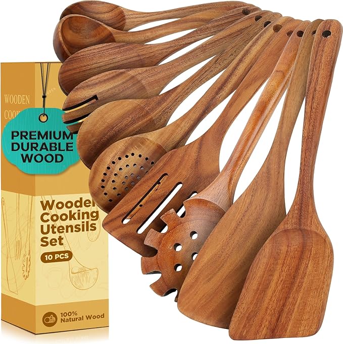 ANBUY Teak Wood Kitchen Utensils Set, Heat Resistant Wooden Spoons for Cooking, 10 Pcs Cooking Utensils Set Wooden, Wood Utensils Set for Cooking Food-Ruum Studio Home