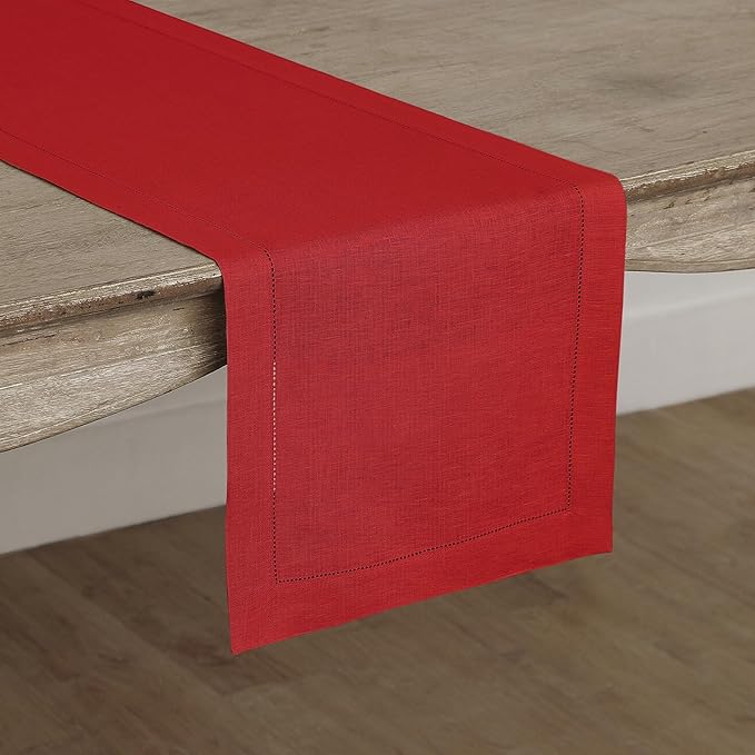 Solino Home Linen Table Runner 90 Inches Long - 100% Pure Linen Red Table Runner 14 x 90 Inch - Classic Hemstitch-Ruum Studio Home