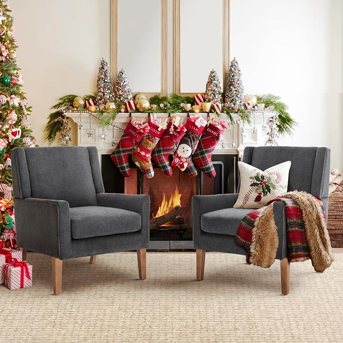 COLAMY Modern Wingback Living Room Chair Set of 2, Upholstered Fabric Accent Armchair, Single Sofa Chair with Lounge Seat and Wood Legs for Bedroom/Office/Reading Spaces, Gery-Ruum Studio Home