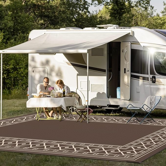 GENIMO Outdoor Rug Waterproof for Patio, 10'x14' Foldable Reversible Plastic Straw Carpet for Travel Trailers, Outside Area Mat for Rv, Deck, Picnic, Porch, Camper, Balcony, Beach, Coffee & Beige-Ruum Studio Home