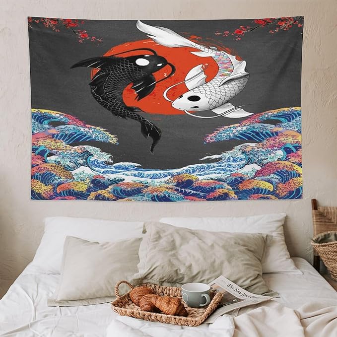 Houselerax Japanese Koi Fish Tapestries, Yin Yang Big Wave Cherry Blossom Tapestry Wall Hanging for Bedroom Living Room Office Decor 90"x60"-Ruum Studio Home
