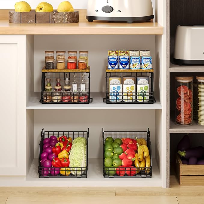 X-cosrack 2-Tier Stackable Wire Baskets for with Wood Lid, Wall Hanging Baskets for Potato and Onion Storage, Fruit Basket for Kitchen Counter, Metal Baskets for Snack Produce Cans-Ruum Studio Home
