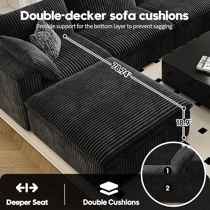 LoveSeat Cloud Couch Modular Sectional Sofa for Living Room,Modern Sofa with Deep Seat，2 Seater Boneless Couch with Ottoman,Comfy Upholstered Couches for Apartment, Studio, Office,Bedroom，Black-Ruum Studio Home