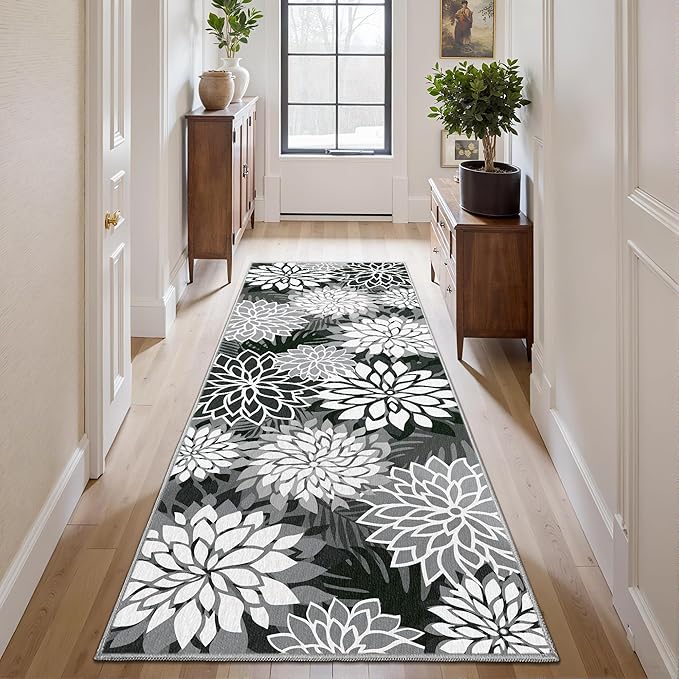 Area Rug 2x6 Black White Washable Entry Rug Multicolored Tropical Botanical Modern Floral Indoor Kitchen Door Mat Entrance Carpet Non Slip for Bedroom Living Room, Porch-Ruum Studio Home