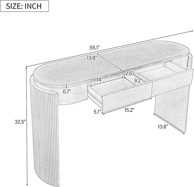 55" Sofa Table with Oval Top and 2 Drawers, Entryway Console Table with Fluted Design for Hallway,Foyer,Entry and Living Room (Fully Assembled-Black)-Ruum Studio Home