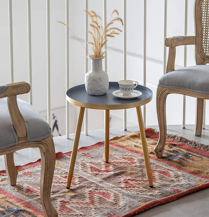 AOJEZOR Side Table: End Table for Indoor Use - Round Side Tables for Small Spaces - Grey Top 3 Legged Gold-Ruum Studio Home