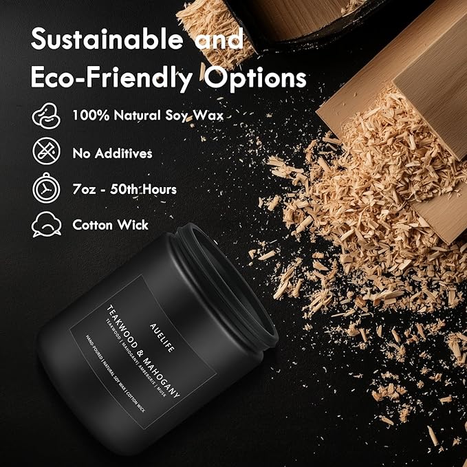 Teakwood & Mahogany Candle | Masculine Candles for Men, Gifts for Men - Soy Candle for Home Scented - Scented Candles for Home, Aromatherapy Gifts Long Lasting Burn Time - 7oz Black Jar-Ruum Studio Home