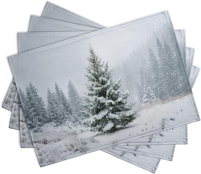 Winter Placemats Set of 4, 12x18 Inch Christmas Pine Tree Snowflake Linen Table Mats Seasonal Washable Farmhouse Place Mats for Kitchen Dining Xmas Holiday Party Decor-Ruum Studio Home