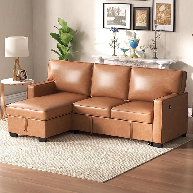 EBELLO Convertible Sleeper Sofa 3 in 1, Faux Leather Modern L-Shaped Couches for Living Room, Pull Out Sectional Futon Sofa Bed with Storage Space, USB Ports and Cup Holders for Bedroom, Brown-Ruum Studio Home