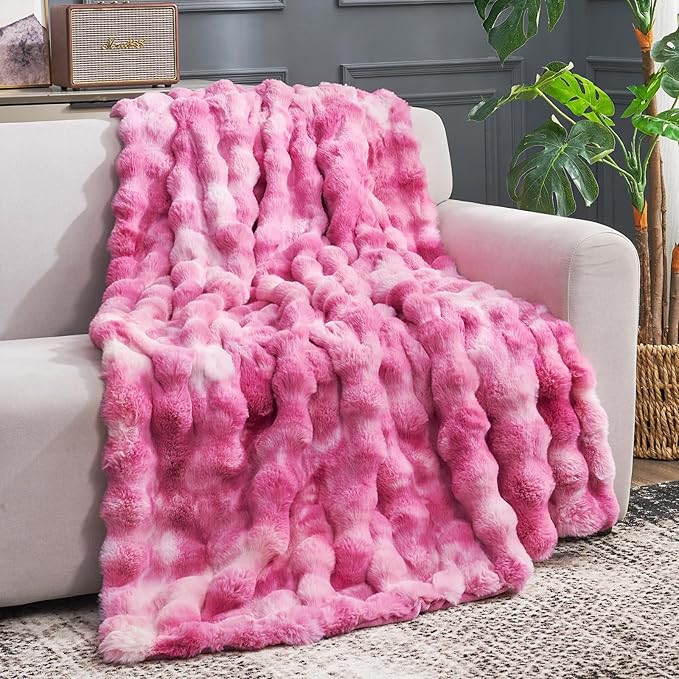 Cozy Bliss Faux Fur Throw Blanket for Couch, Fuzzy Soft Plush Thick Bubble Blanket for Sofa Bedroom Living Room, 50 * 60 Inches Tie Dye Pink-Ruum Studio Home