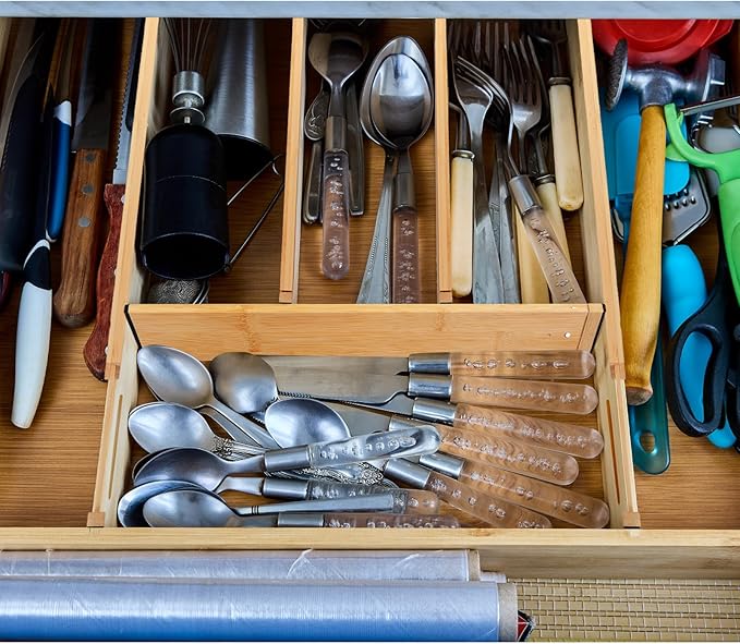 7 Pcs Adjustable Bamboo Drawer Dividers Expandable Drawer Organizers Cutlery Tray Spring Separators Organization for Kitchen Bedroom Bathroom Dresser Office-Ruum Studio Home