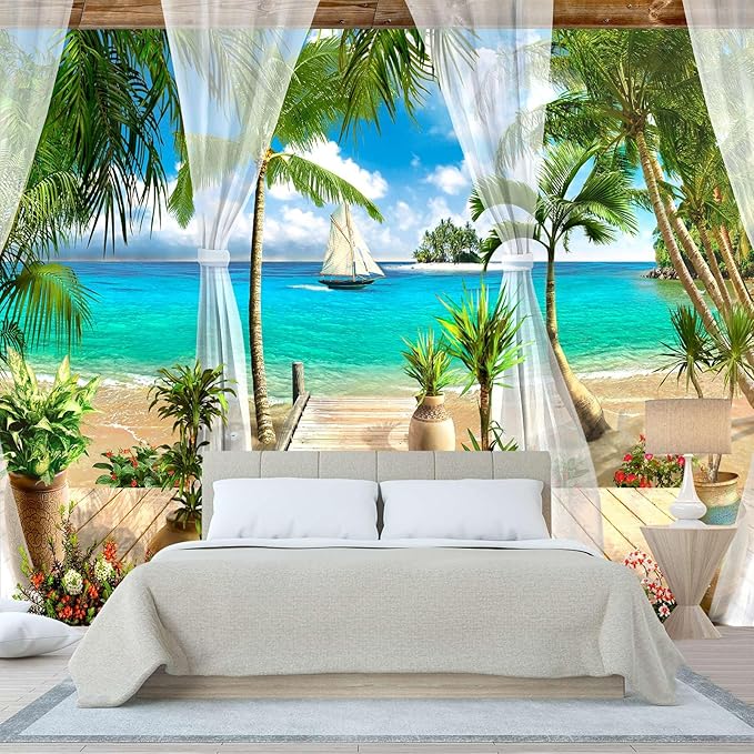 WFBHUA-Wall Mural Tropical Beach Palm Tree Wallpaper Balcony Window Seascape Landscape Wallpaper for Bathroom Living Room Bedroom (Not Peel and Stick)-Ruum Studio Home